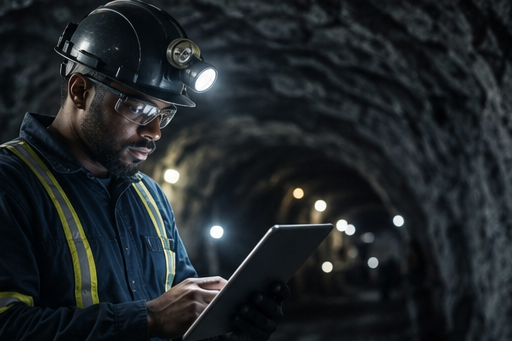 Mineur en tunnel souterrain avec tablette