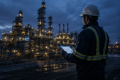Travailleur devant une usine pétrochimique la nuit